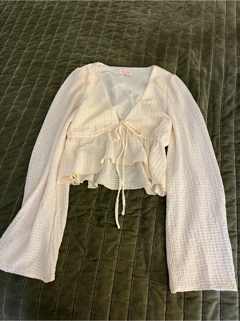 Pink Lily Cream Textured Tie-Front Ruffle Blouse